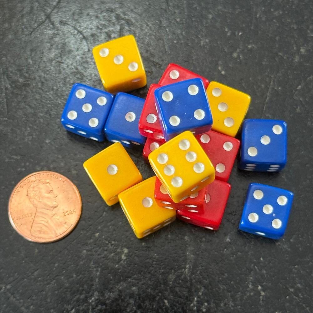 Lot 16 Mini Tiny 1/2" Dice Red Blue Yellow White Pips Craft Game Miniature D6